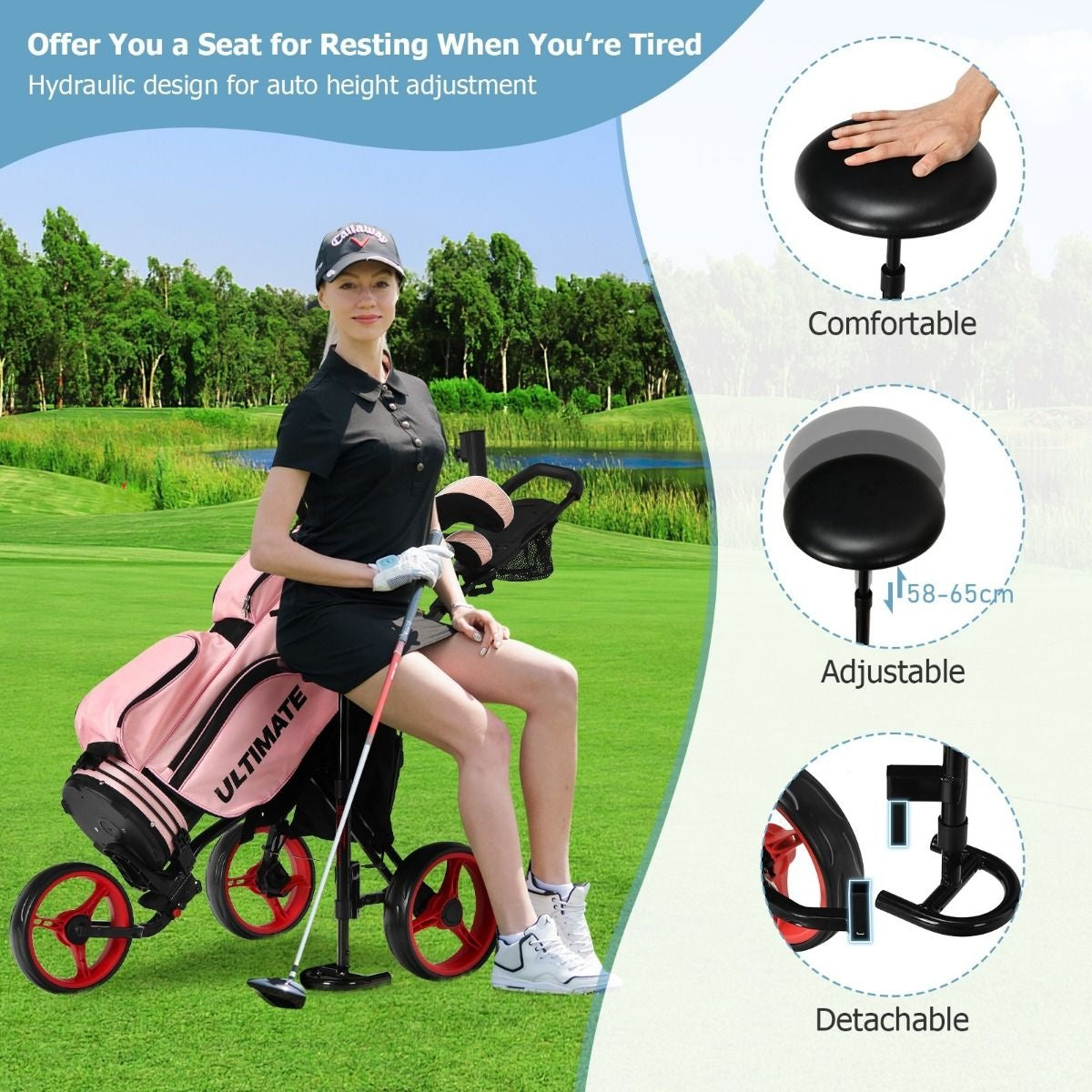 Coast Golftrolley - 3 Wielen -130 x 75 x 98,5 - Zwart met Rode Wielen