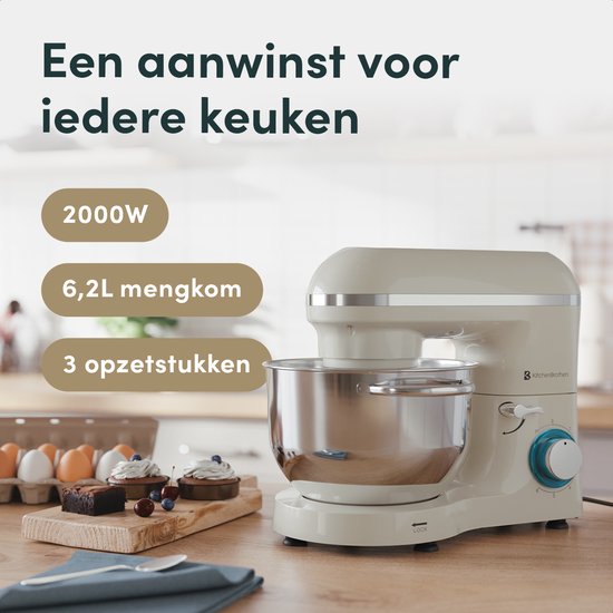 KitchenBrothers Keukenrobot - Keukenrobot - 6,2L - Mixer met Mengkom - Keukenmixer - 2000W - Champagne