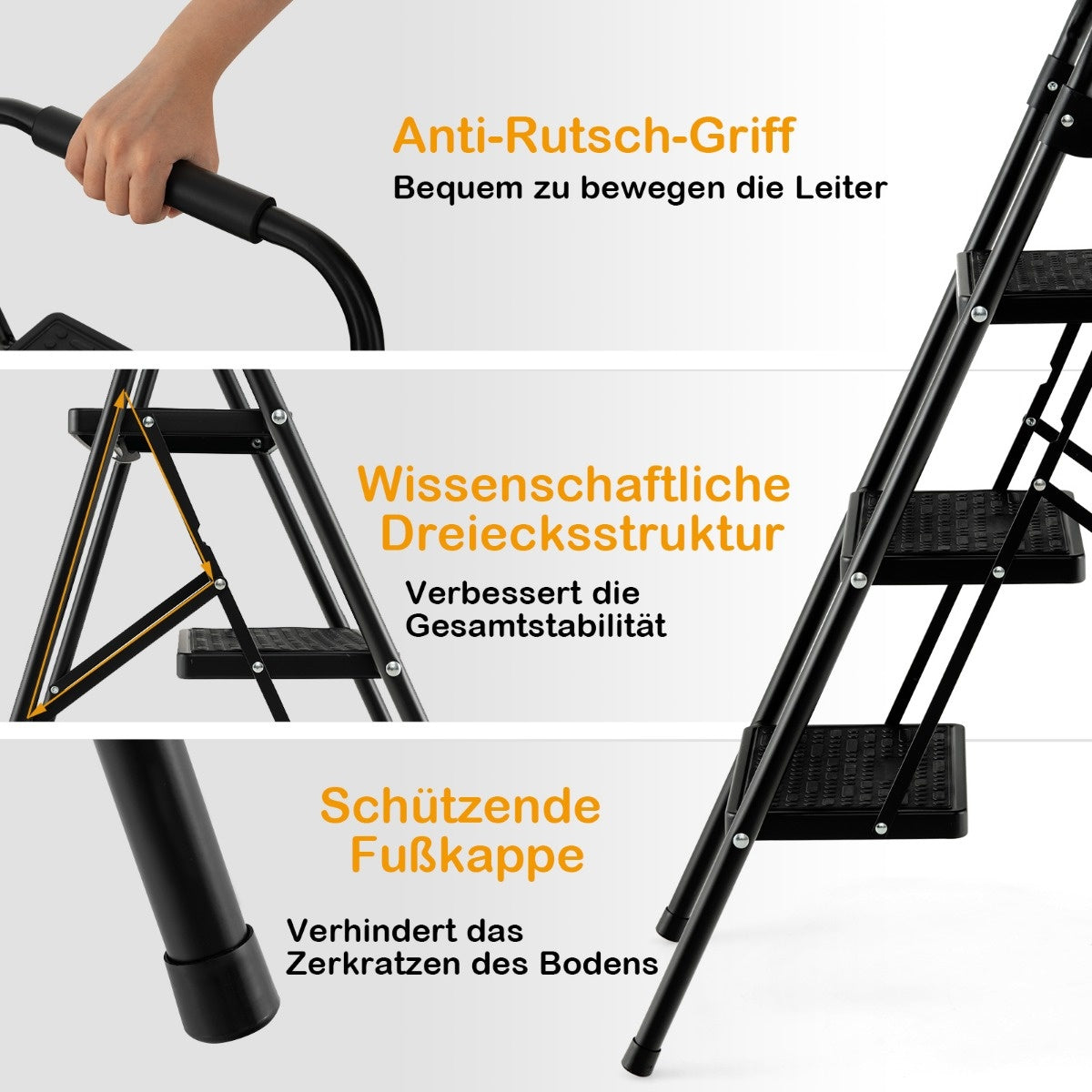 Coast Step Ladder met 3 niveaus opvouwbare klimhulp met niet -slip stappen 64 x 39 x 90 cm zwart