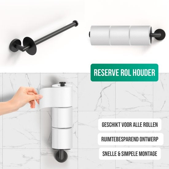 Avalo Toiletaccessoireset Zwart 4-delig - Luxe Toilet Set - Toiletborstel met Houder / Toiletrolhouder / Reserverolhouder / Handdoekhaak - Incl. Bevestigingsmateriaal