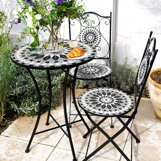 AXI Amélie Bistro Stoelen – Inklapbaar – Zwart/wit – Metalen inklapbare tuinstoelen – Hoge rugleuning – Set van 2 stuks – Mozaïeklook – Ingelegd met keramische tegels – 150 kg draagkracht – Tuin, terras of balkon