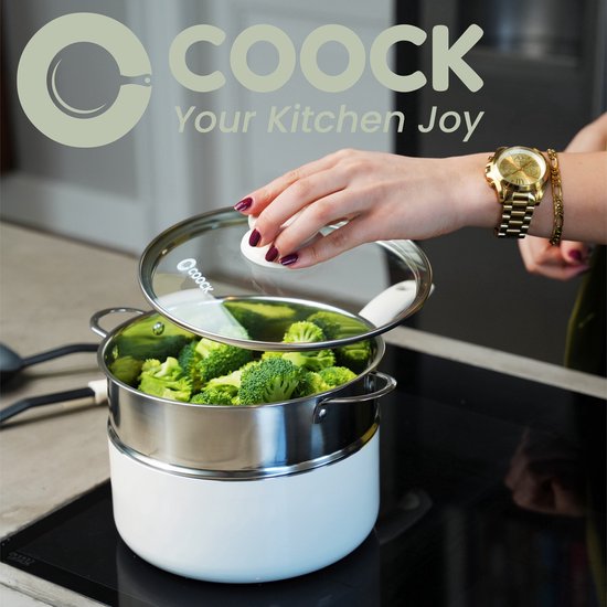COOCK 19-Delige Pannenset Inductie - Speciale Anti-Aanbak Coating - Ergonomische Koudgrepen - Gerecycled Aluminium - koekenpannenset - kookpottenset - Wit - Inclusief Onderzetters en E-book