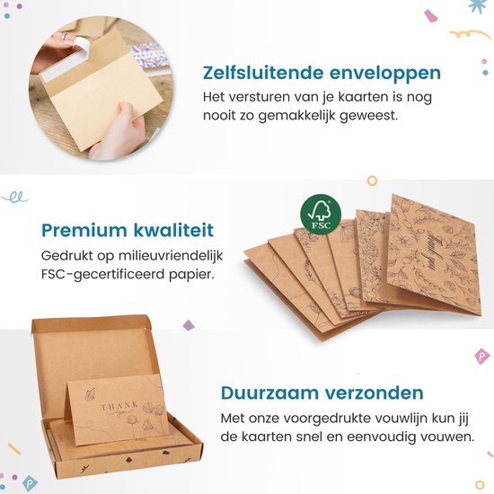 Partizzle 36x Kraft Bedankt Kaartjes Set - Thank You Cards - Wenskaarten - Ansichtkaarten - Kaarten met Enveloppen - 15x10 cm