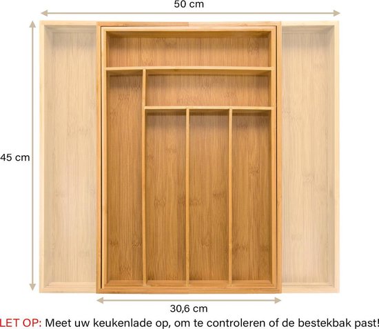 Budu Uitschuifbare Bamboe Bestekbak (45 cm diep) - Besteklade Hout- 45 x 30,6 - 50 cm - 6/8 vakken