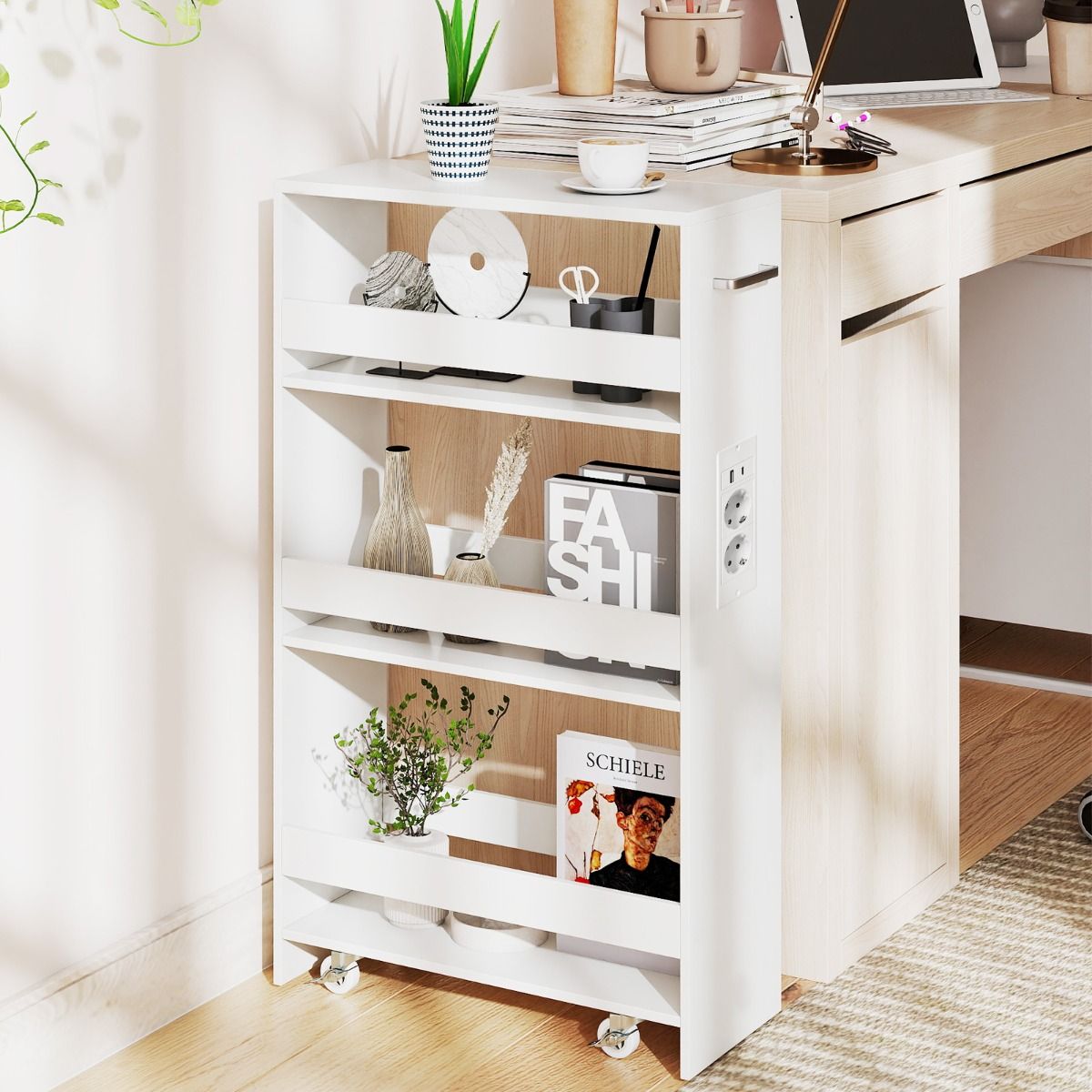 Coast Smalle Opbergkar - 4-laags verrijdbare keukenkar - met oplaadstation - wit 47,5 x 20 x 80,5 cm