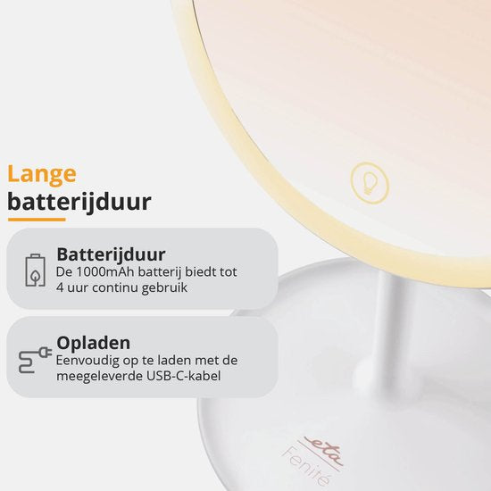 ETA Fenité Make Up Spiegel met Verlichting – Vergroot 5 Keer Magnetisch – Kantelbaar en Oplaadbaar via USB-C – Lichtkleur Instelbaar – Ø20 cm – Wit