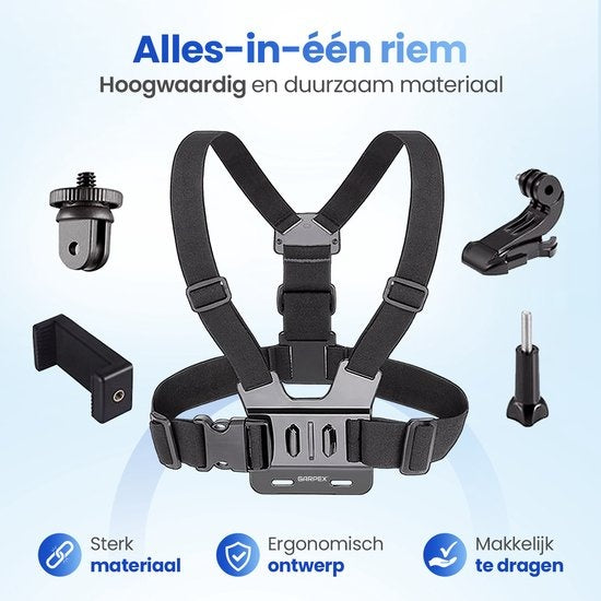 Garpex® Universele Chest strap Borstharnas – Chest mount geschikt voor diverse Action Camera's en Smartphones - Zwart