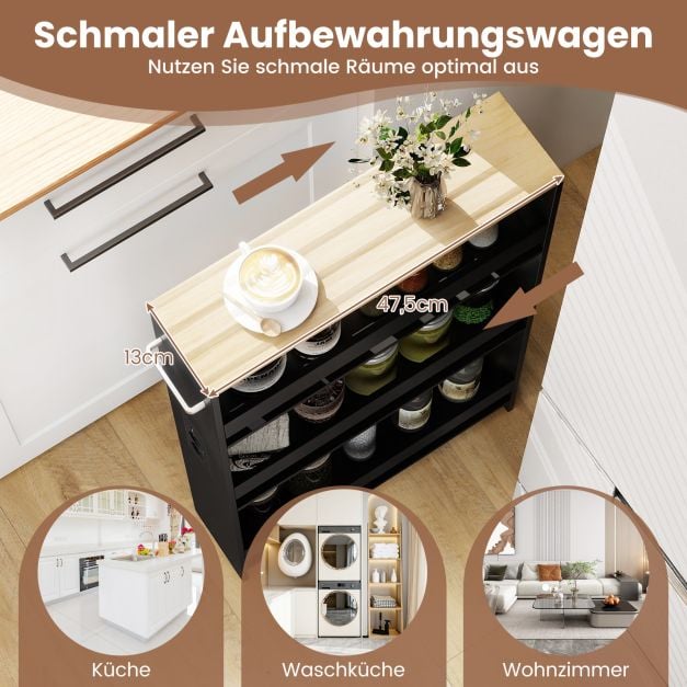 Coast Smalle Opbergwagen met Laadstation – 47,5 x 13 x 80,5 cm – Zwart
