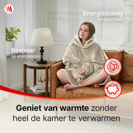 Seranova Verwarmde Hoodie Deken - Elektrische Snuggle Hoodie - Fleece Deken met mouwen - Unisex Verwarmde Trui - Zacht & Warm - Beige