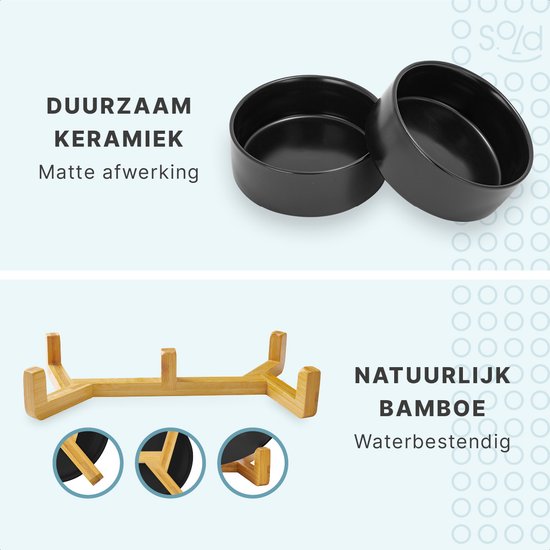 Voerbak Hond - Voerbak Kat - Drinkbak - Met Standaard - 2x 400 ml - Maat S - Zwart