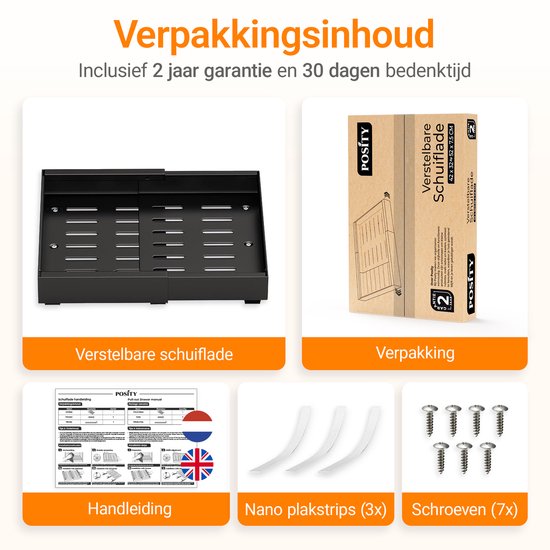 Posity Schuiflade – Keukenkast Organizer – Gootsteenkast/Lade Organizer - binnenlade keuken – Uittrekbaar en Verstelbaar (32-52 cm) – Telescopisch – Zwart