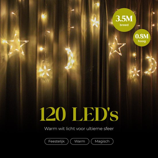Giftmas Lichtgordijn – 120 LED Hangdecoratie – Warm Wit – Manen en Sterren – Kerst en Raamdecoratie – Voor Binnen en Buiten - Kerstversiering - 3.5M - Kerstverlichting