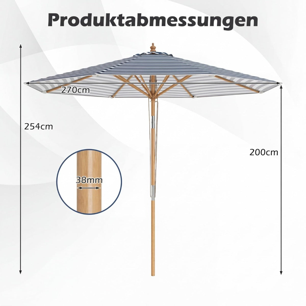 Coast houten parasol 270 cm - blauw/wit gestreept