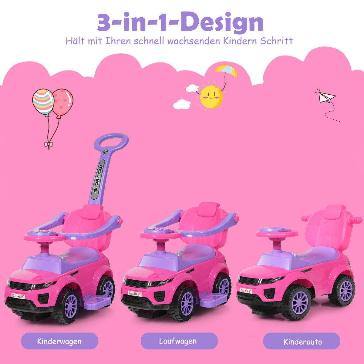 coast 3-in-1 Loopauto - 89×43×84 cm - Roze - Duwauto - Loopwagen