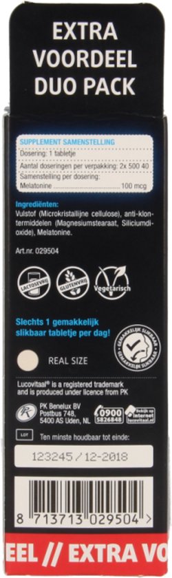 Lucovitaal Melatonine Puur 100 mcg Voedingssupplement - 2 x 500 Tabletten
