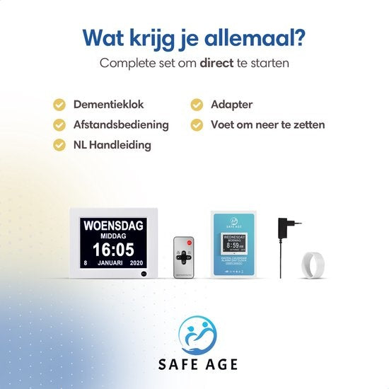 SafeLife Dementieklok XL - Digitale kalenderklok met datum en dag - Medicijnwekker, Alarmfunctie & Fotolijstfunctie - Alzheimerklok / Seniorenklok
