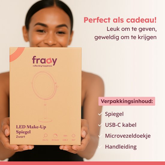 Fraay® XXL Make Up Spiegel met LED Verlichting - 10x Vergroting - Vergrootspiegel met Licht - Oplaadbaar - Scheerspiegel - Badkamerspiegel - Zwart