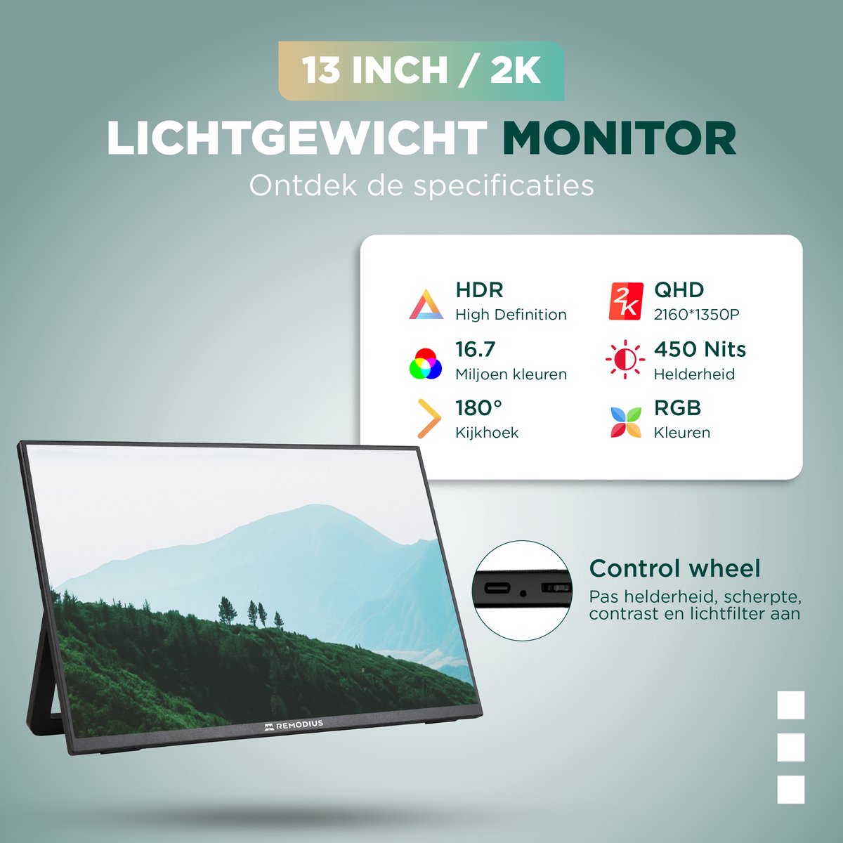 Remodius Draagbare Monitor - 13 Inch 2K IPS - USB-C en Mini HDMI - Met Standaard - Zwart