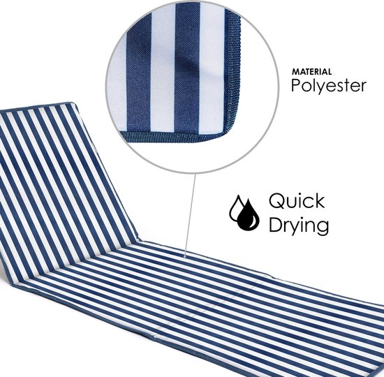 Opvouwbare strandmat - ligstoel - verstelbare rugleuning - makkelijk draagbaar - lichtgewicht - opbergvak met rits (blauw/wit gestreept verticaal)