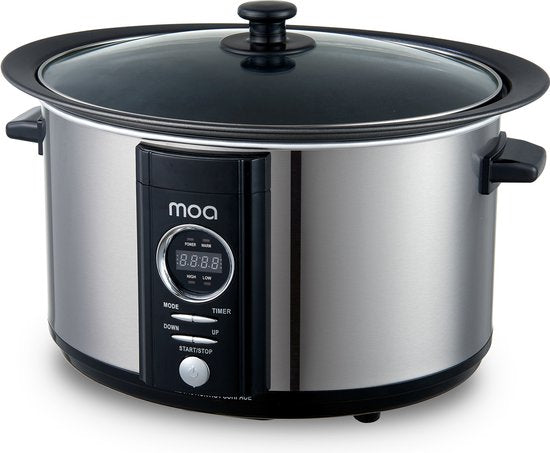MOA Slowcooker met Timer - 6,5L - Ø 24,5cm - Aluminium Binnenpan - Doorzichtige Deksel - 3 Warmtestanden - Vaatwasserbestendig - BPA-vrij - RVS