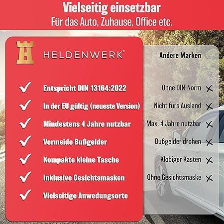 HELDENWERK Auto verbanddoos 2026 voor heel Europa inzetbaar en getest (conform het Duitse verkeer) - EHBO-kit EHBO-kit verbanddoos DIN 13164 gecertificeerd - EHBO-tas - Zwart
