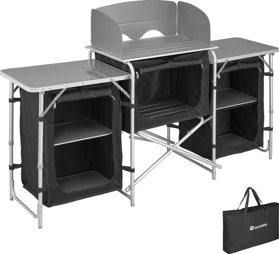tectake® - Campingkeuken 172x52x104cm - Opvouwbaar - Afsluitbare compartimenten - Stevige werkbladen - Incl. windscherm- zwart