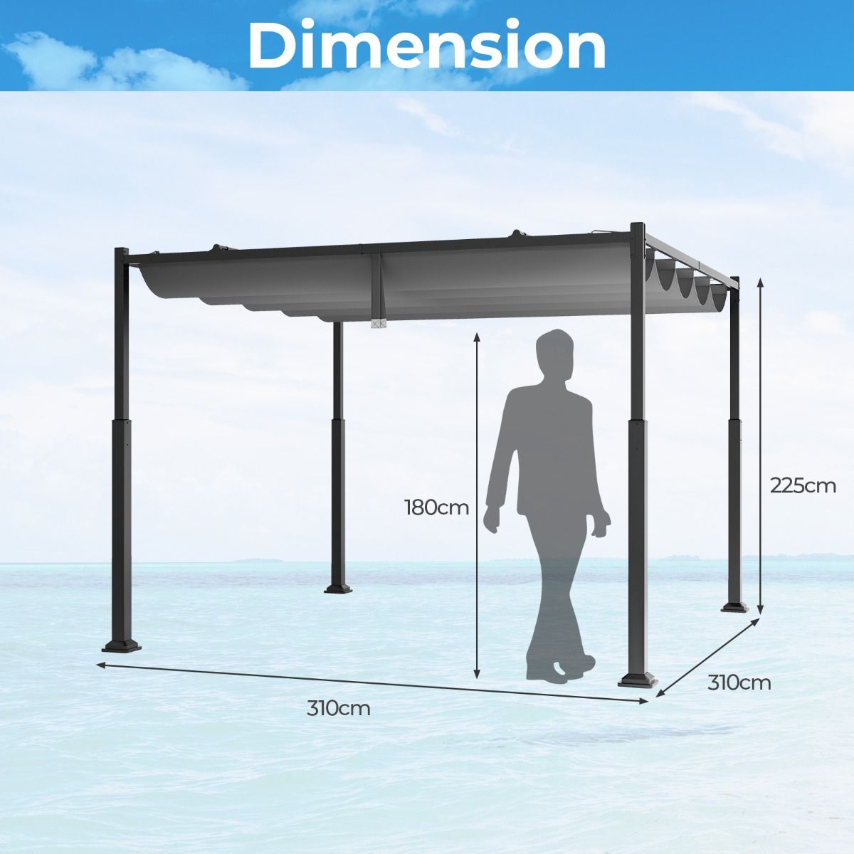 Coast Buitenpergola - uitschuifbare luifel - zware metalen kolommen - grijs en zwart - 310 x 310 cm