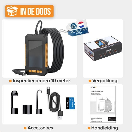Strex Inspectiecamera met Scherm 10M - 1080P HD - 4.3 inch LCD scherm - IP67 Waterdicht - LED Verlichting - Endoscoop  - Incl. 32gb microSD