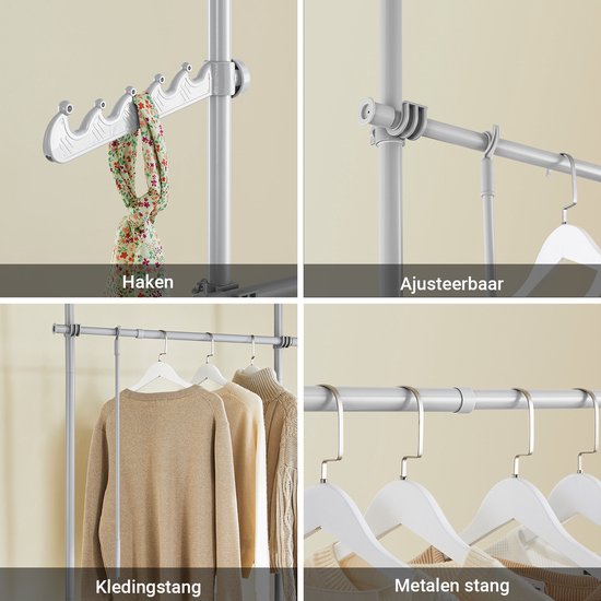 SoBuy Telescoop Kledingrek - Verstelbaar Opbergsysteem - Klerenrailsysteem - B(75–126) × H(200–295) cm, Grijs FRG109-II-HG