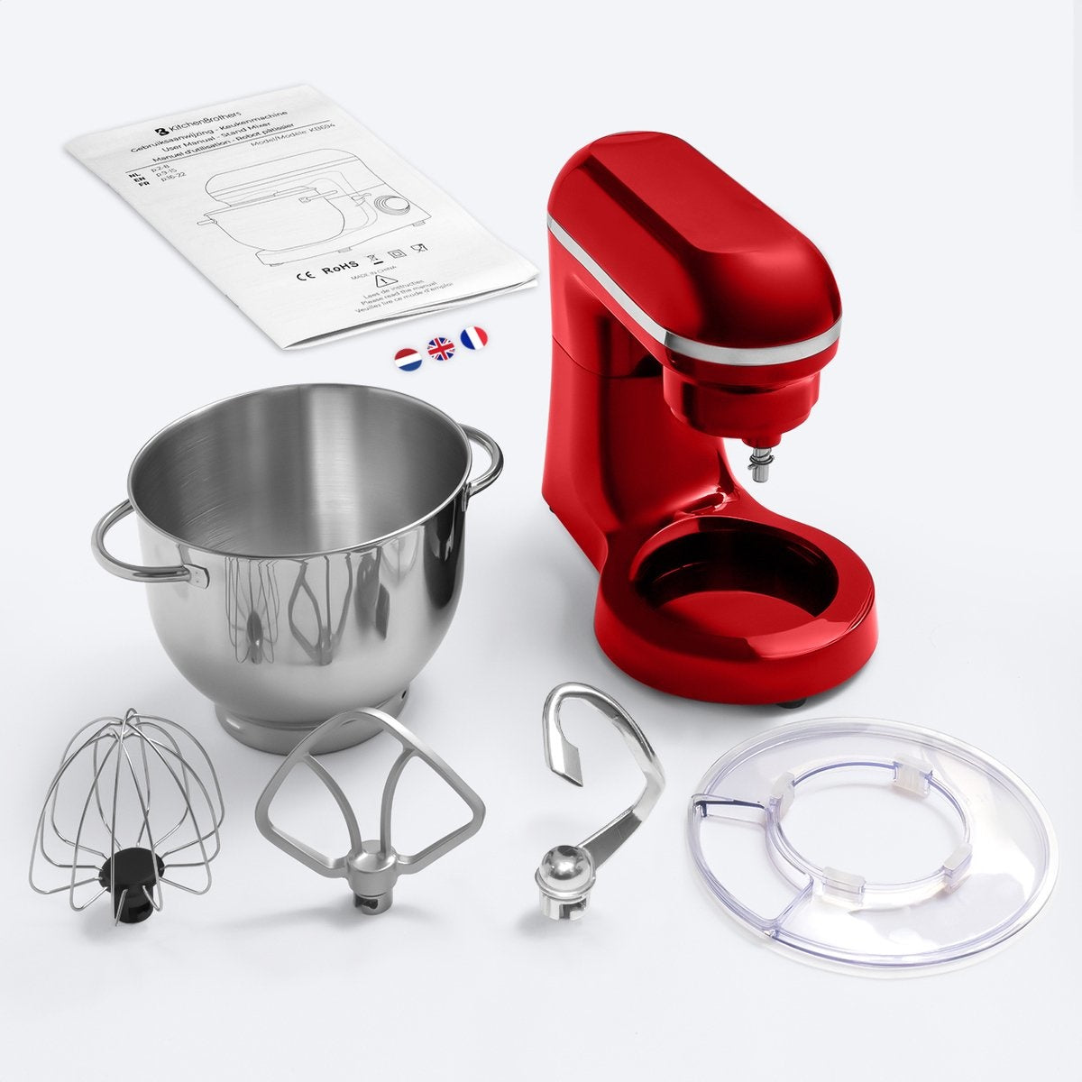 KitchenBrothers Keukenmachine - Keukenmixer - 6L Mengkom - 1400W - Rood