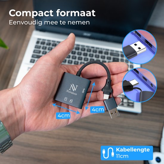 Nuvance SD Kaart Lezer - SD Card Reader - 3 in 1 - SD Kaartlezer - USB C & USB A - Micro SD Kaart Lezer - TF kaart