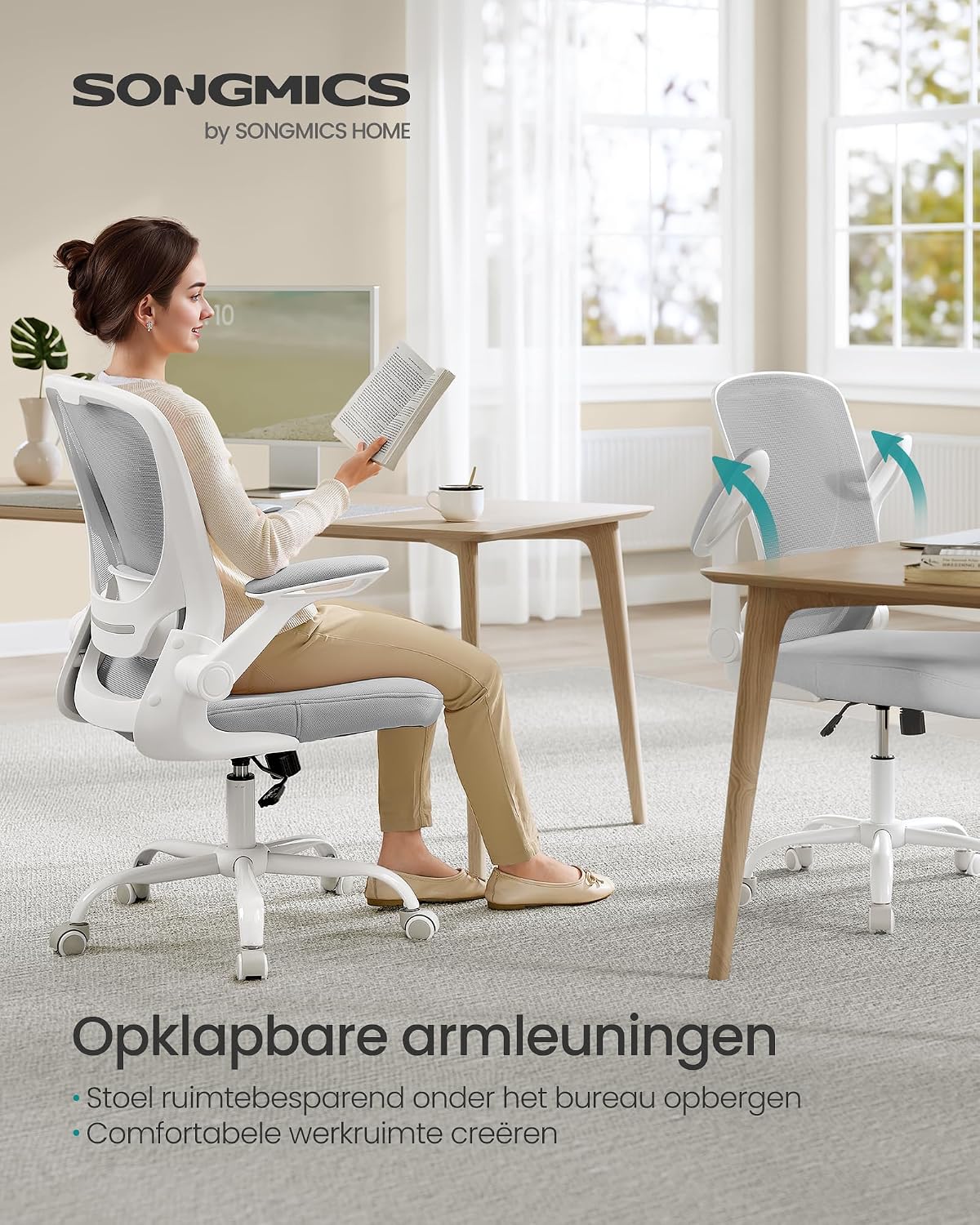 Songmics KIME ergonomische bureaustoel - Lichtgrijs - 64 x 64 x (99–107) cm