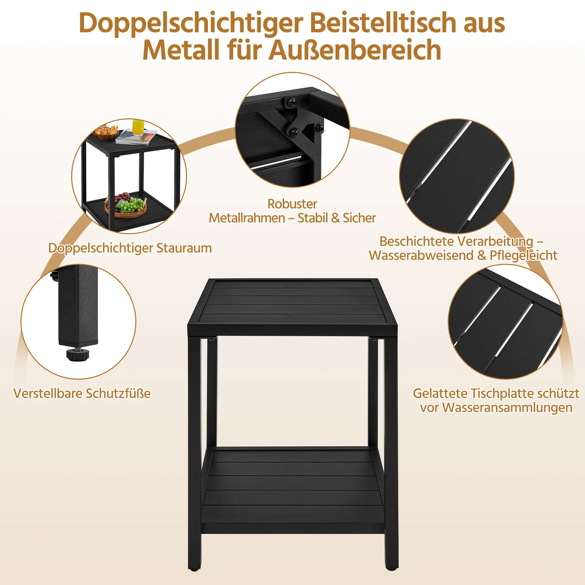 Yaheetech Gartentafel 2-laags Beisteltafel 45 × 45 × 54 cm Zwart