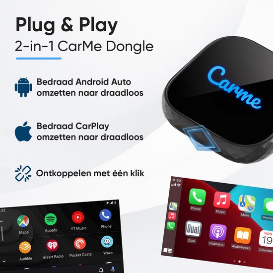 CarMe Premium 2-in-1 CarPlay Dongle - Draadloos CarPlay & Android Auto - USB-A & USB-C - Android Auto Dongle - Zwart