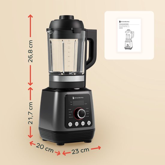 KitchenBrothers Blender - Thermoblender - 1.75L - Kookfunctie - 700+1000W - Smoothie Maker - IJscrusher - Zwart