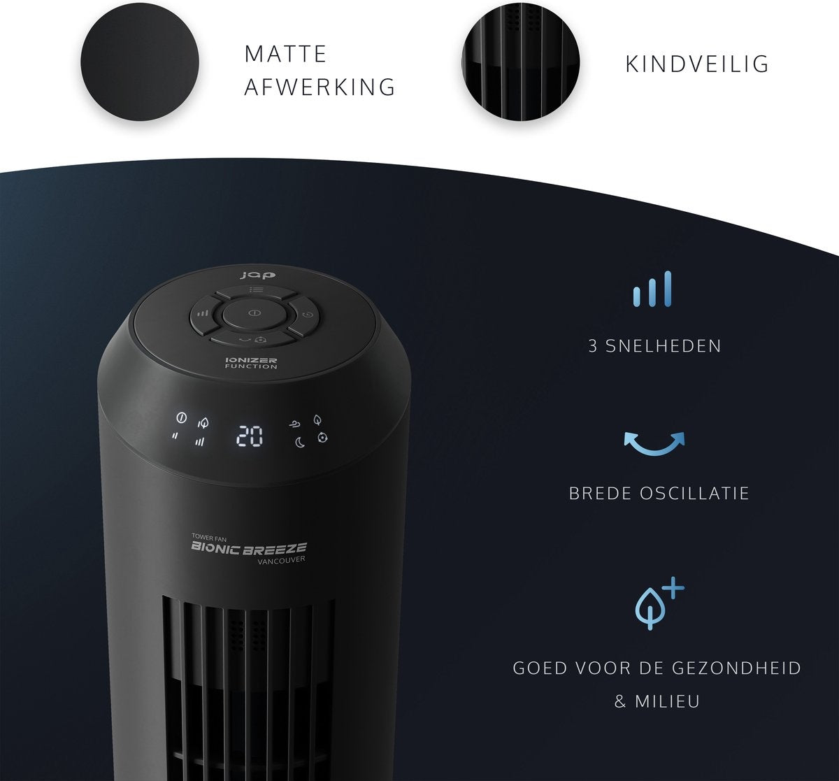 JAP Appliances Vancouver - 2 in 1 Stille ventilator (48dB) en luchtreiniger (Ionisator) - Torenventilator met afstandsbediening en timer - 6 Standen - Mat zwart