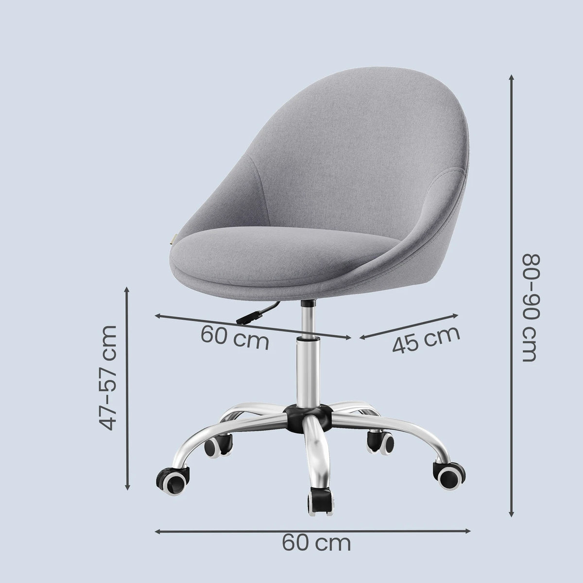 Ochama Bureaustoel - Grijs - Katoen-linnenmix - In Hoogte Verstelbaar - Draaibaar met Wielen - 60 x 60 x 80-90 cm