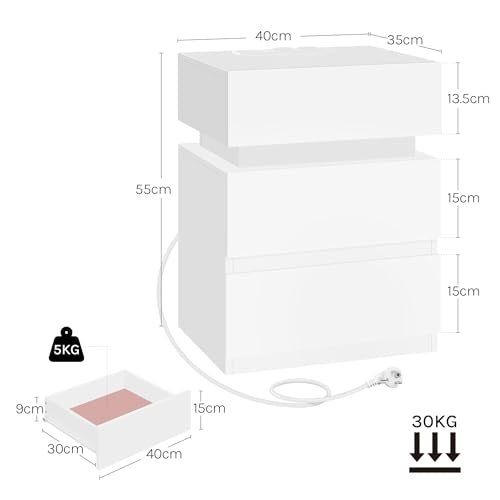Woltu Nachtkastje met Stopcontact en LED-verlichting - Wit - 40 x 35 x 55 cm - 2 Lades en 1 Opbergvak - Modern en Multifunctioneel