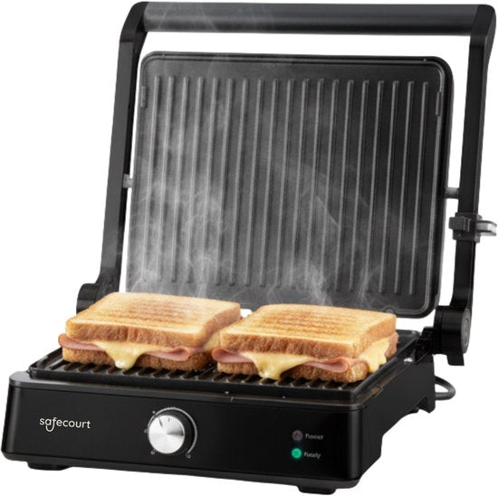 Safecourt Kitchen Tosti apparaat – Paninigrill en Tosti ijzer – Uitneembare PFAS-vrije platen & vaatwasserbestendig – Groot grilloppervlak – Snel warm – Contactgrill - Zwart