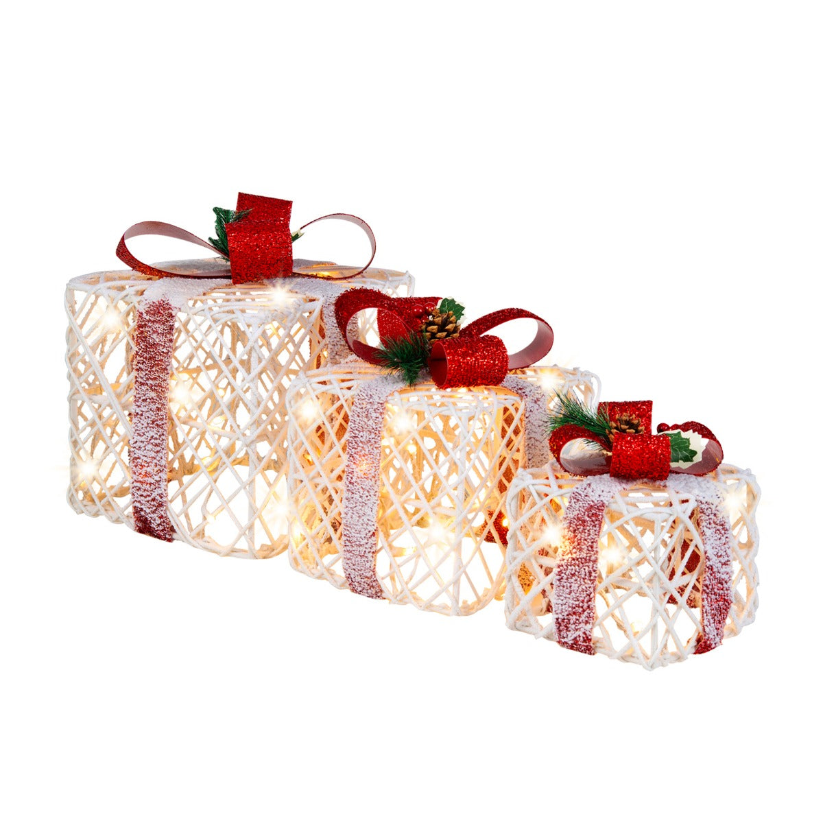 Set van 3 LED-Geschenkdozen op Batterijen Werkende Geschenken met Rode Strikken 60 LED-verlichting