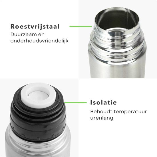 Thermosfles - Thermosbeker - Isolatiekan - Isoleerkan - Dubbelwandig - 0.5 Liter - RVS - Voor Warme en Koude Dranken - Inclusief EBOOK