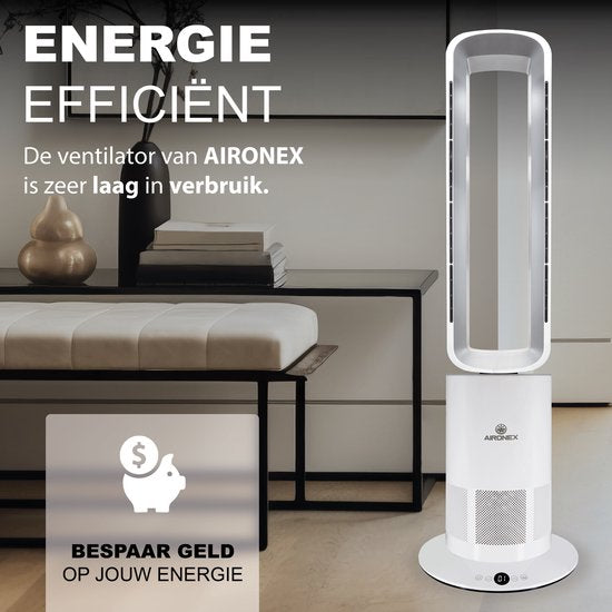 Energiezuinige Elektrische Kachel Aironex - Verwarming en Verkoeling in 1 - Heater - Design Ventilatorkachel - Kachelventilator - Verwarming ElectrischBladloze Ventilator - Torenventilator Aironex - Ventilator Staand - Aircooler