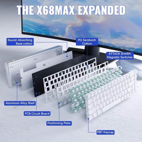 ATTACK SHARK X68MAX HE - Magnetische Schakelaar Bedraad Gaming Toetsenbord - CNC Aluminium - 68 toetsen - RGB - Zijde Gedrukte PBT Toetsen - Decoratieve Keycord - 8Khz - 0.005mmRT - 0.08ms - Witte Omtreklijn