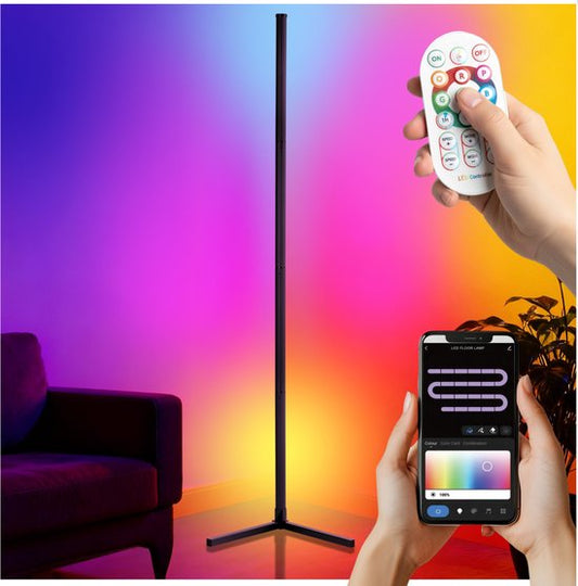 tectake® Slimme LED Vloerlamp Spectra - Hoeklamp met 16 miljoen Kleuren - 200 Lichteffecten - Staande Smart Lamp - 145 cm - Dimbaar - Bediening met App, Afstandsbediening, Knop en Spraak - Woonkamer Vloer Lamp - Sfeerverlichting