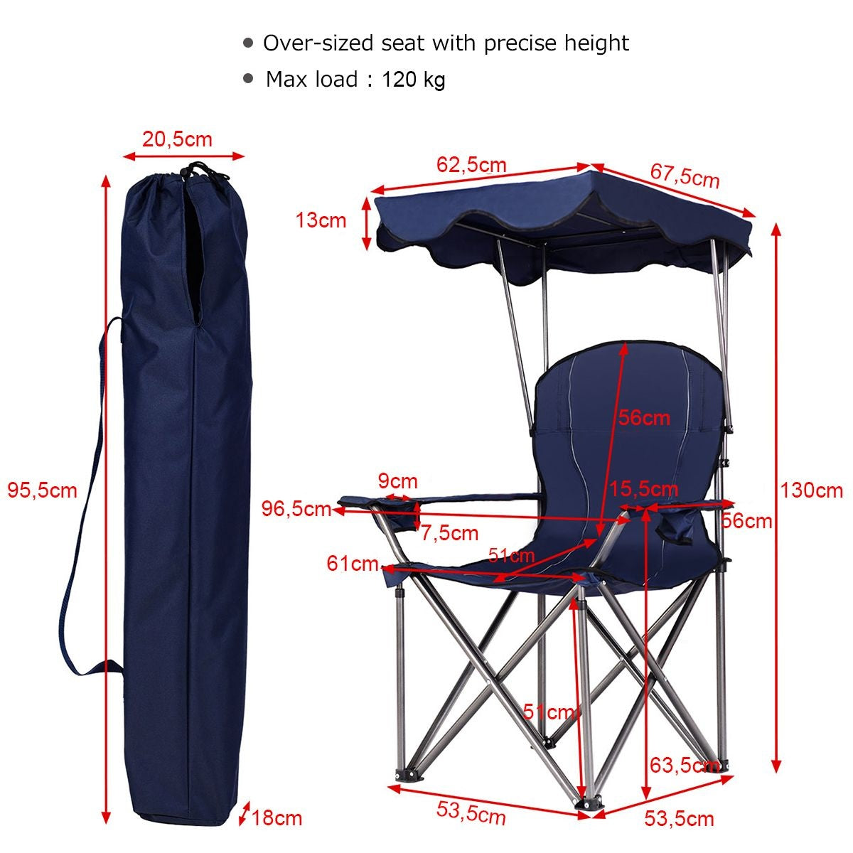 Coast Opvouwbare campingstoel- zonneluifel- bekerhouder Draagtas-96,5 x 67,5 x 130 cm - blauw