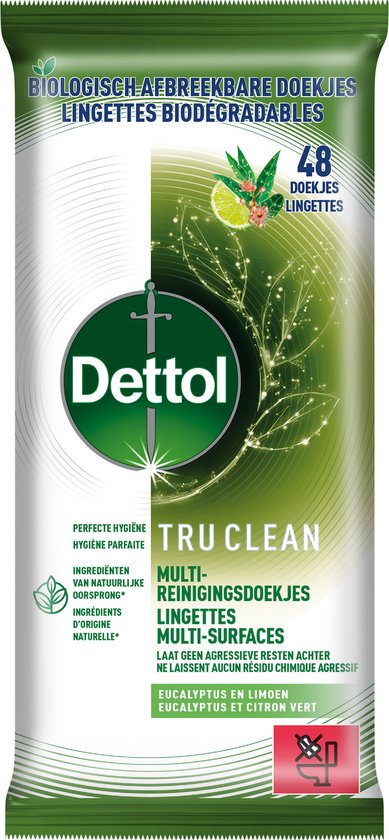 Dettol Tru Clean - Multi-reinigingsdoekjes - Eucalyptus & Limoen - Biologisch Afbreekbaar - 48 stuks per verpakking