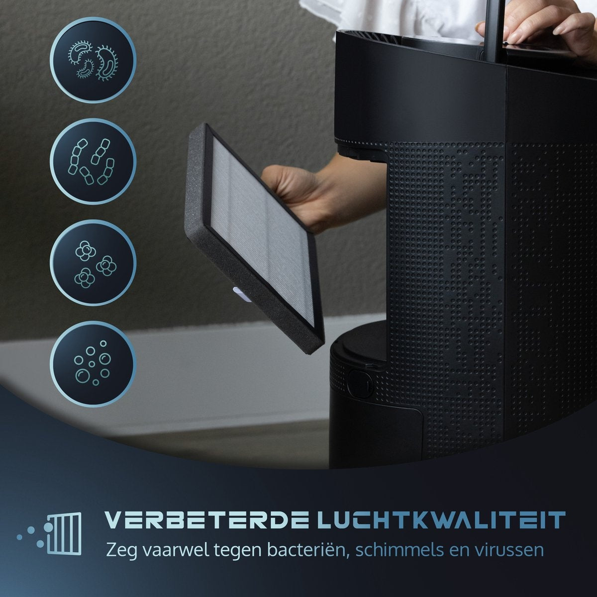 JAP Appliances Enivio D9 - Luchtontvochtiger en luchtreiniger met HEPA-filter en 4 wielen - Ontvochtigt 12L per dag - Hygrostaat - Ontvochtiger huis - Woonkamer, slaapkamer, badkamer en kelder - Met afvoer - Was-droog Functie