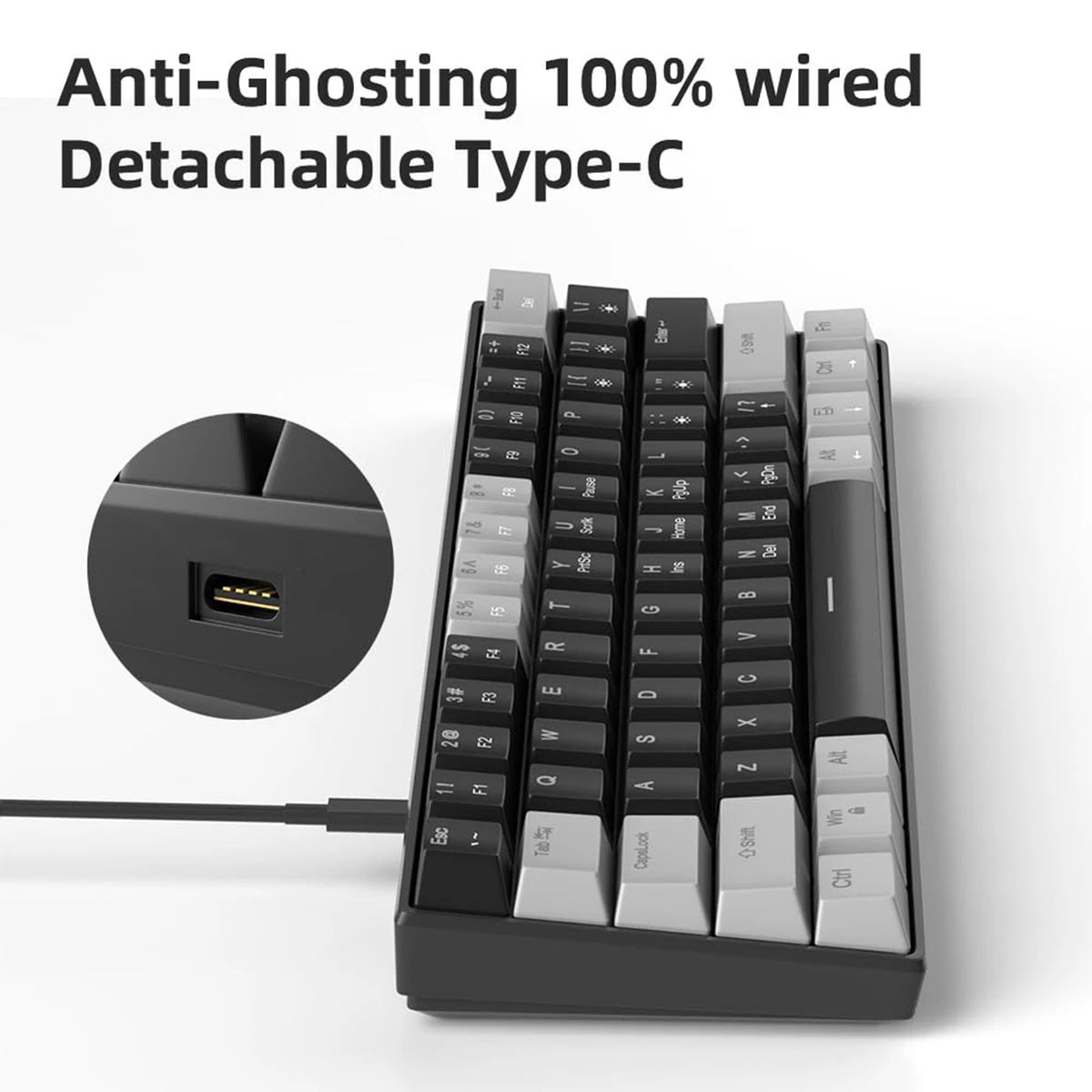 MageGee STAR 61 Mechanisch Gamingtoetsenbord - 60% - 61 Toetsen - Blauwe LED-verlichting - Rode Switches - USB-C - Grijs/Zwart/Rood