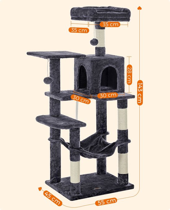krabpaal - krabpaal met hangmat - Kattenboom 143 cm - rookgrijs