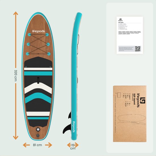 LifeGoods PaddlePro SUP Board - Opblaasbaar Paddle Board - Complete Set - Max. 150KG - 320x81cm - Hout/Blauw